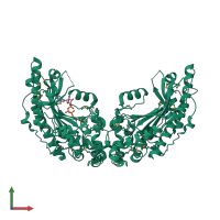 Homo dimeric assembly 1 of PDB entry 3ju6 coloured by chemically distinct molecules, front view.