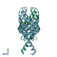 PDB entry 3juo coloured by chain, side view.