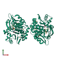 Homo dimeric assembly 1 of PDB entry 3kd6 coloured by chemically distinct molecules, front view.