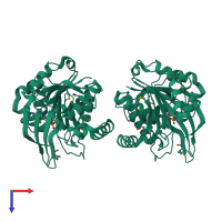 Homo dimeric assembly 1 of PDB entry 3kd6 coloured by chemically distinct molecules, top view.