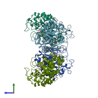PDB entry 3kru coloured by chain, side view.