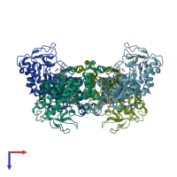 PDB entry 3kru coloured by chain, top view.