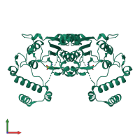 Homo dimeric assembly 1 of PDB entry 3ky7 coloured by chemically distinct molecules, front view.