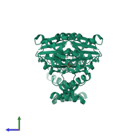 Homo dimeric assembly 1 of PDB entry 3ky7 coloured by chemically distinct molecules, side view.