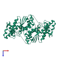Homo dimeric assembly 1 of PDB entry 3ky7 coloured by chemically distinct molecules, top view.