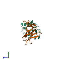 Hetero dimeric assembly 1 of PDB entry 3l9j coloured by chemically distinct molecules, side view.