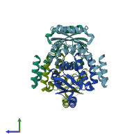 PDB entry 3lhf coloured by chain, side view.