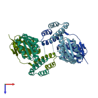 PDB entry 3lhf coloured by chain, top view.