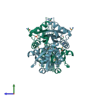 PDB entry 3lul coloured by chain, side view.