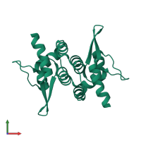 Homo dimeric assembly 1 of PDB entry 3m9a coloured by chemically distinct molecules, front view.