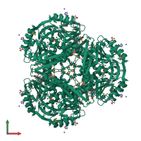 Homo hexameric assembly 1 of PDB entry 3mbj coloured by chemically distinct molecules, front view.