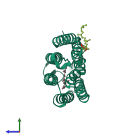 PDB entry 3mbv coloured by chain, side view.