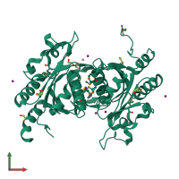 Homo dimeric assembly 1 of PDB entry 3mcw coloured by chemically distinct molecules, front view.