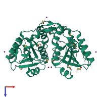 Homo dimeric assembly 1 of PDB entry 3mcw coloured by chemically distinct molecules, top view.