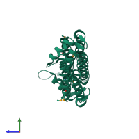 Homo dimeric assembly 2 of PDB entry 3mfn coloured by chemically distinct molecules, side view.