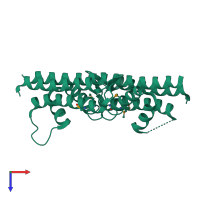 Homo dimeric assembly 2 of PDB entry 3mfn coloured by chemically distinct molecules, top view.