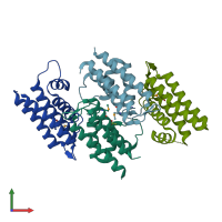 PDB entry 3mfn coloured by chain, front view.