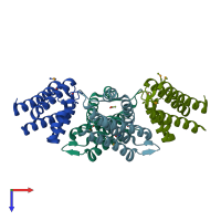 PDB entry 3mfn coloured by chain, top view.