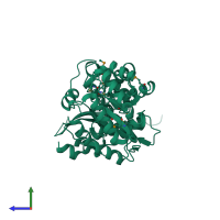 PDB entry 3mkc coloured by chain, side view.