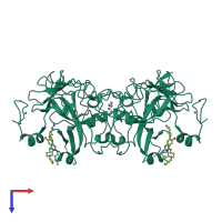 Homo dimeric assembly 5 of PDB entry 3mo5 coloured by chemically distinct molecules, top view.