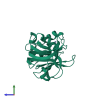 Monomeric assembly 1 of PDB entry 3mp2 coloured by chemically distinct molecules, side view.