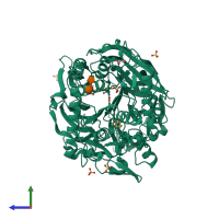 PDB entry 3muo coloured by chain, side view.