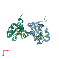 PDB entry 3mus coloured by chain, top view.