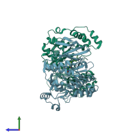 PDB entry 3mvm coloured by chain, side view.