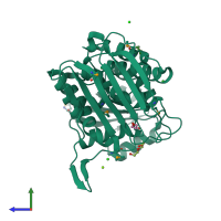 PDB entry 3mz0 coloured by chain, side view.