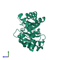 Monomeric assembly 2 of PDB entry 3npw coloured by chemically distinct molecules, side view.