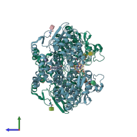 PDB entry 3nt1 coloured by chain, side view.