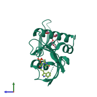 Monomeric assembly 1 of PDB entry 3ntp coloured by chemically distinct molecules, side view.