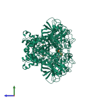 Homo dimeric assembly 1 of PDB entry 3o8d coloured by chemically distinct molecules, side view.
