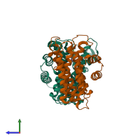 Hetero dimeric assembly 2 of PDB entry 3oab coloured by chemically distinct molecules, side view.