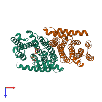 Hetero dimeric assembly 2 of PDB entry 3oab coloured by chemically distinct molecules, top view.