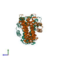 Hetero dimeric assembly 3 of PDB entry 3oab coloured by chemically distinct molecules, side view.