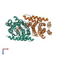 Hetero dimeric assembly 3 of PDB entry 3oab coloured by chemically distinct molecules, top view.
