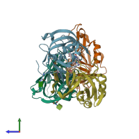 PDB entry 3oad coloured by chain, side view.