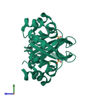 PDB entry 3og3 coloured by chain, side view.