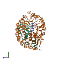 Hetero trimeric assembly 6 of PDB entry 3ogl coloured by chemically distinct molecules, side view.