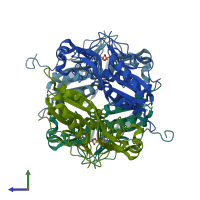 PDB entry 3ozf coloured by chain, side view.