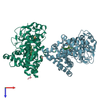 PDB entry 3p3x coloured by chain, top view.