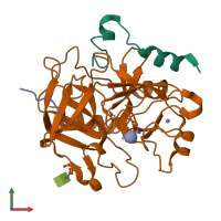 Hetero trimeric assembly 1 of PDB entry 3p70 coloured by chemically distinct molecules, front view.