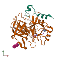 Hetero trimeric assembly 3 of PDB entry 3p70 coloured by chemically distinct molecules, front view.