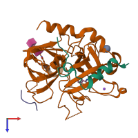 Hetero trimeric assembly 3 of PDB entry 3p70 coloured by chemically distinct molecules, top view.