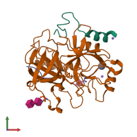 Hetero trimeric assembly 4 of PDB entry 3p70 coloured by chemically distinct molecules, front view.