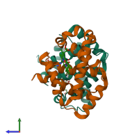 PDB entry 3pel coloured by chain, side view.