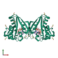 Homo dimeric assembly 2 of PDB entry 3pgp coloured by chemically distinct molecules, front view.