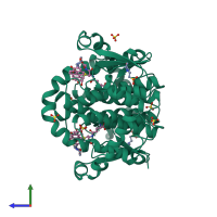 Homo dimeric assembly 1 of PDB entry 3pgt coloured by chemically distinct molecules, side view.