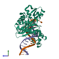 PDB entry 3pw4 coloured by chain, side view.